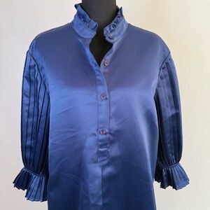 Boutique Satin Blouse Pleated Sleeve Ruffle Collar Navy Blue Top L